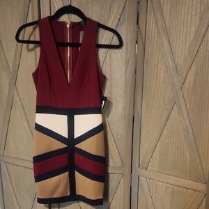 Privy Burgundy, navy and Tan Colorblock Mini Dress